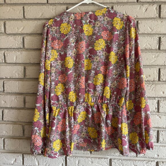 Anthropologie Pleione Pink Floral Faux Wrap With Bow Boho Blouse Medium - Picture 5 of 8